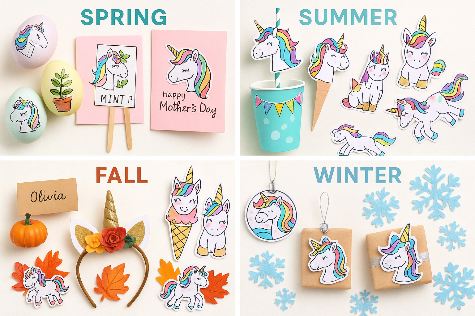 Year-round collage showing unicorn crafts for each season including Easter eggs, summer party decorations, autumn garlands, and winter ornaments