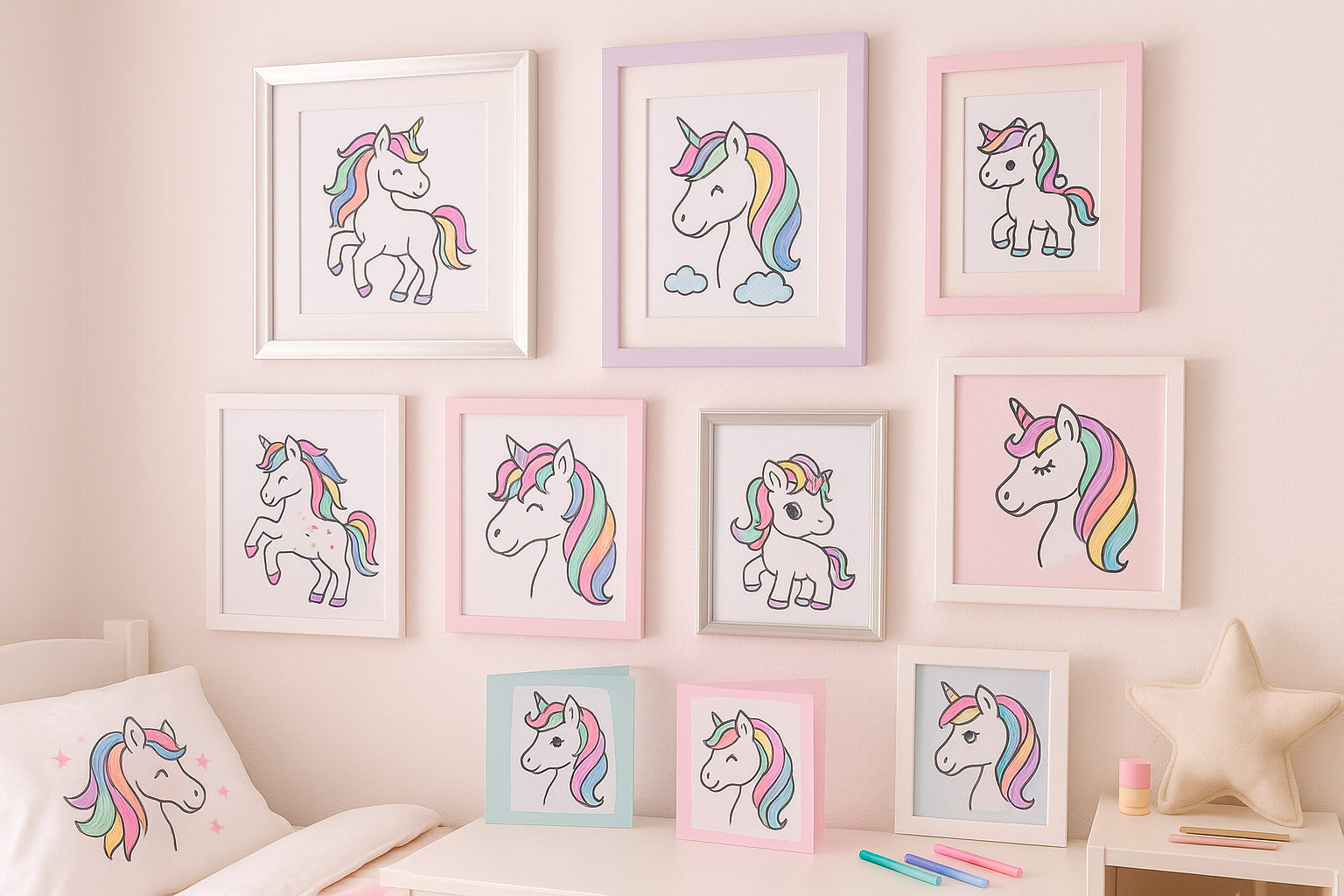 Child's bedroom wall featuring an organized gallery of framed unicorn coloring pages in different sizes and frame styles