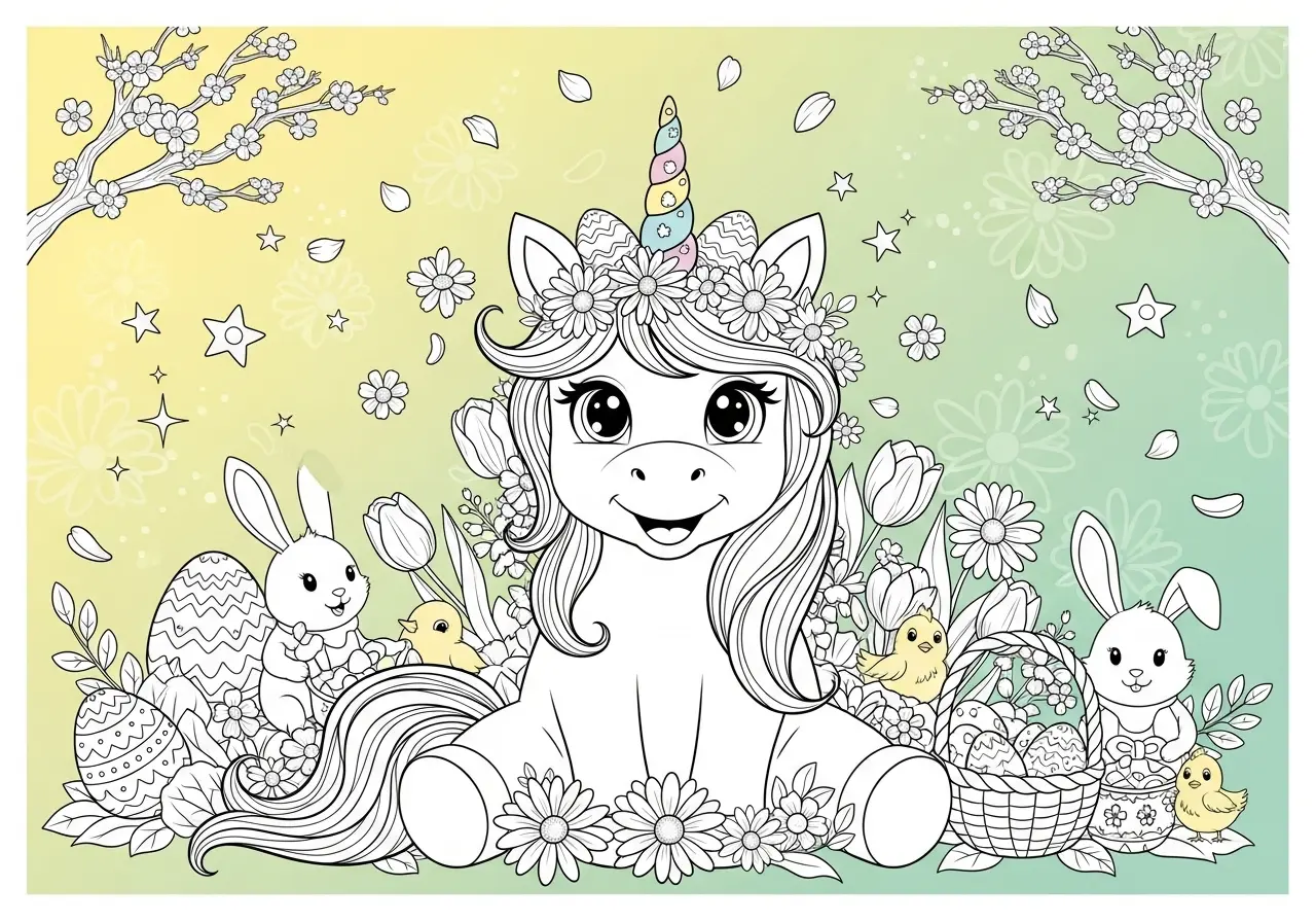 Spring unicorns with Easter eggs, bunnies, and flower gardens