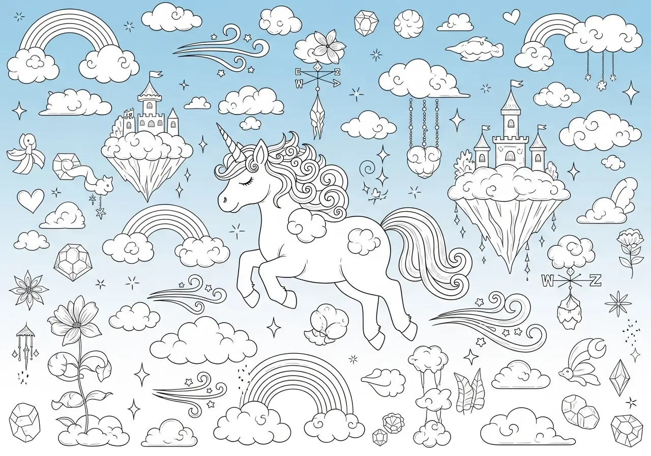 Dreamy unicorns floating on fluffy white clouds in the sky