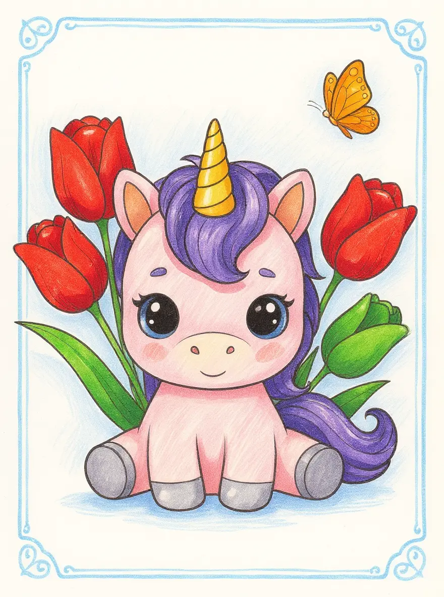 Baby Unicorn Among Tulips