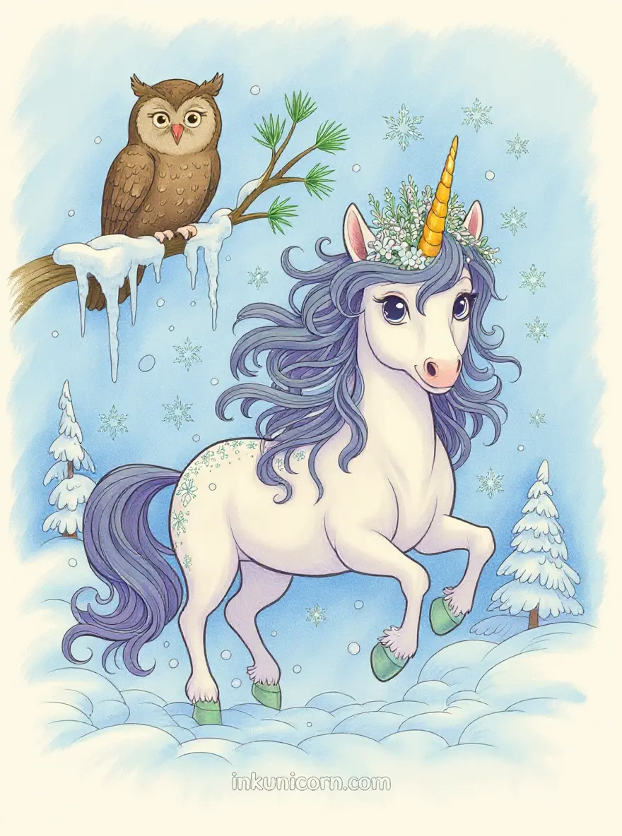Princess Unicorn In The Snow With Owl