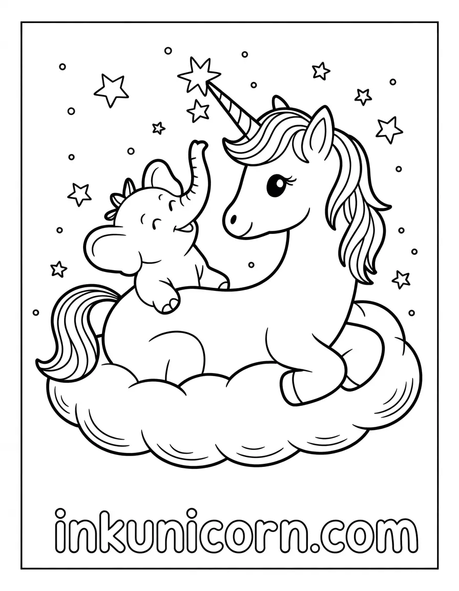 Unicorn And Baby Elephant On Cloud